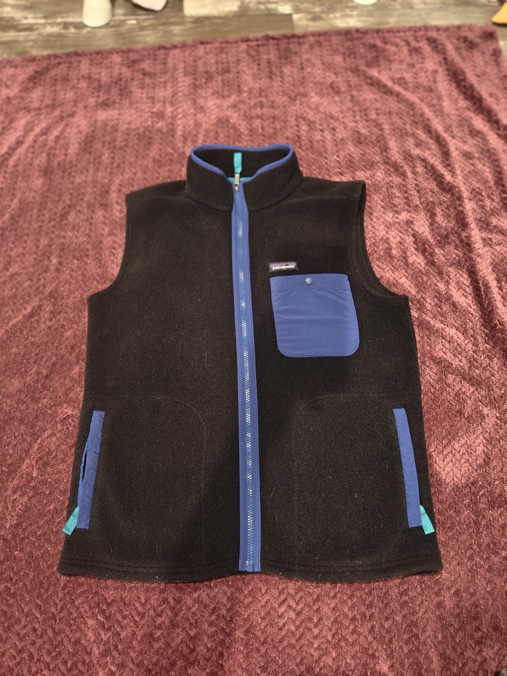 Patagonia Black Fleece Vest with Blue Accents